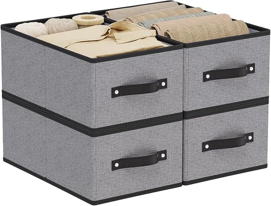 Fabric Storage Boxes, 16.1 × 9.8 × 6.5 Inch Storage Baskets with Handles, Foldable Cube Organizer Bins,Gray, Large, 4-Pack
