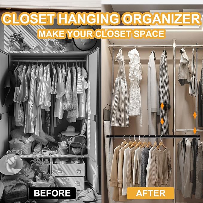 Hanging Closet Rod 31.89in, 6 Height Adjustable Closet Hanging Organizer, Heavy Duty Closet Extender Hanging Rod, Space Saving Clothes Hanging Bar Closet Poles for Hanging Clothes,Black