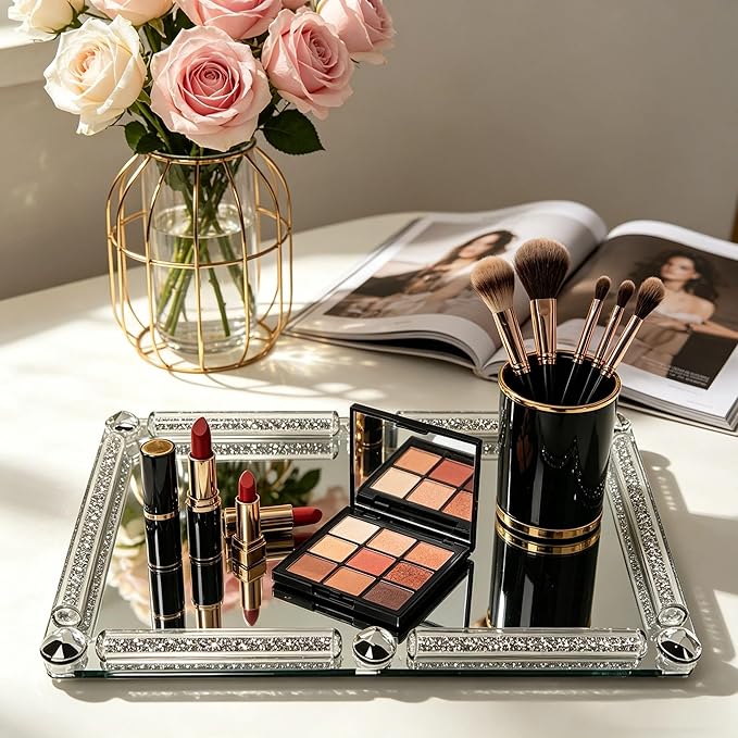 Crystal Glass Tray, 11.8" x 7.9" Crushed Diamond Silver Mirror Perfume Makeup Display Tray, Noble Jewelry Trinket Vanity Trays, Ornate Rectangular Cosmetics Dresser Decoration for Home Decor