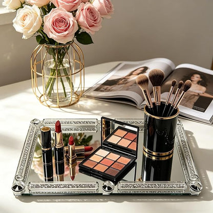 Crystal Glass Tray, 11.8" x 7.9" Crushed Diamond Silver Mirror Perfume Makeup Display Tray, Noble Jewelry Trinket Vanity Trays, Ornate Rectangular Cosmetics Dresser Decoration for Home Decor