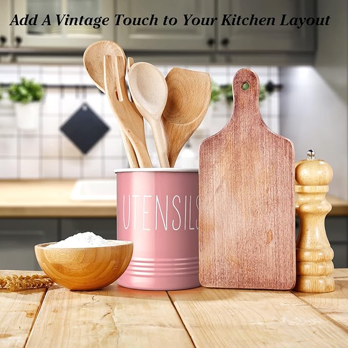 Bivvclaz Kitchen Utensil Holder - 6.7" Utensil Holder for Kitchen Counter - Cooking Utensil Crock with Cork Bottom - Pink Decor and Accessories - Utensil Storage Caddy Organizer