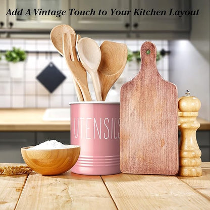 Bivvclaz Kitchen Utensil Holder - 6.7" Utensil Holder for Kitchen Counter - Cooking Utensil Crock with Cork Bottom - Pink Decor and Accessories - Utensil Storage Caddy Organizer