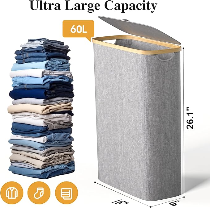 Foluck Slim Laundry Hamper, 60L Waterproof Narrow Laundry Basket with Lid and Removable Bag, Collapsible Tall Clothes Hamper with Bamboo Handles for Clothes Toys in Dorm Bedroom Bathroom, Grey