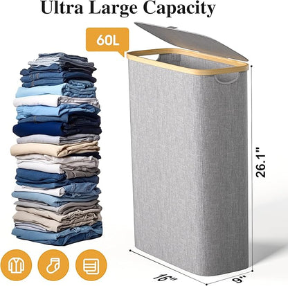 Foluck Slim Laundry Hamper, 60L Waterproof Narrow Laundry Basket with Lid and Removable Bag, Collapsible Tall Clothes Hamper with Bamboo Handles for Clothes Toys in Dorm Bedroom Bathroom, Grey