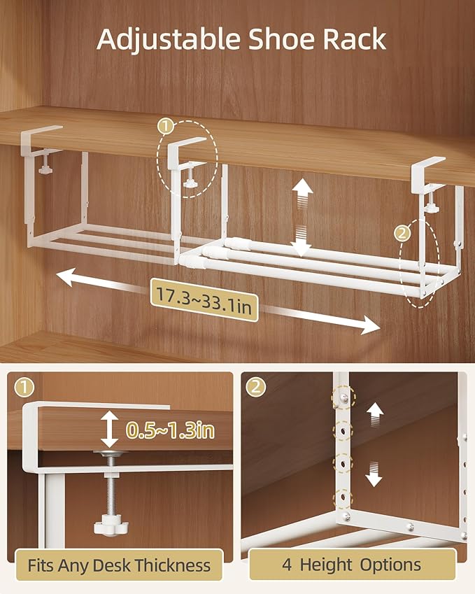 2 Pack Expandable Shoe Rack Organizer for Cabinet, Adjustable Hanging Under Shelf Storage, Sturdy Round Tube Design, Space Saving Shoe Shelf for Closet, Entryway, Laundry Room, White