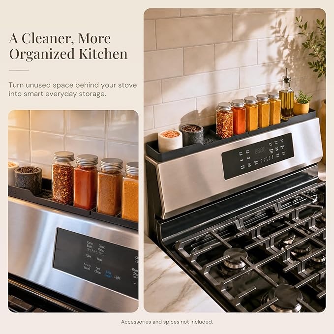 TEO Magnetic Stove Top Shelf - 30 Inch Silicone Over the Stove Spice Rack for Kitchen Gadgets Storage Organization, Heat-Resistant, No Installation, Dishwasher Safe, Over Oven Shelf Black