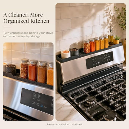 TEO Magnetic Stove Top Shelf - 30 Inch Silicone Over the Stove Spice Rack for Kitchen Gadgets Storage Organization, Heat-Resistant, No Installation, Dishwasher Safe, Over Oven Shelf Black