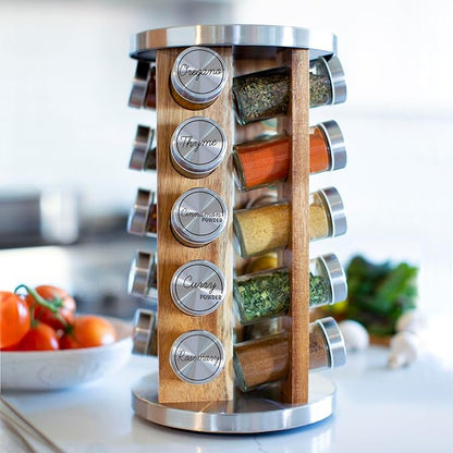 Orii 20 Jar Rotating Light Acacia Wood Spice Rack with Spices Included & 5-Year Spice Refill Program – Natural Wood Countertop Spice Rack with Glass Jars