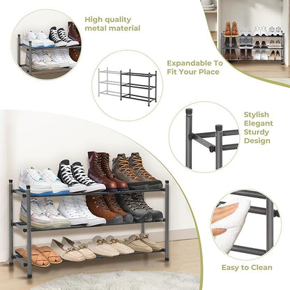 Shoe Rack, Expandable Shoe Storage Organizer for Closet, 3 Tier Metal Shoe Rack for Entryway, Adjustable Small Shoe Shelf for Front Door Entrance, Small Space, Garage