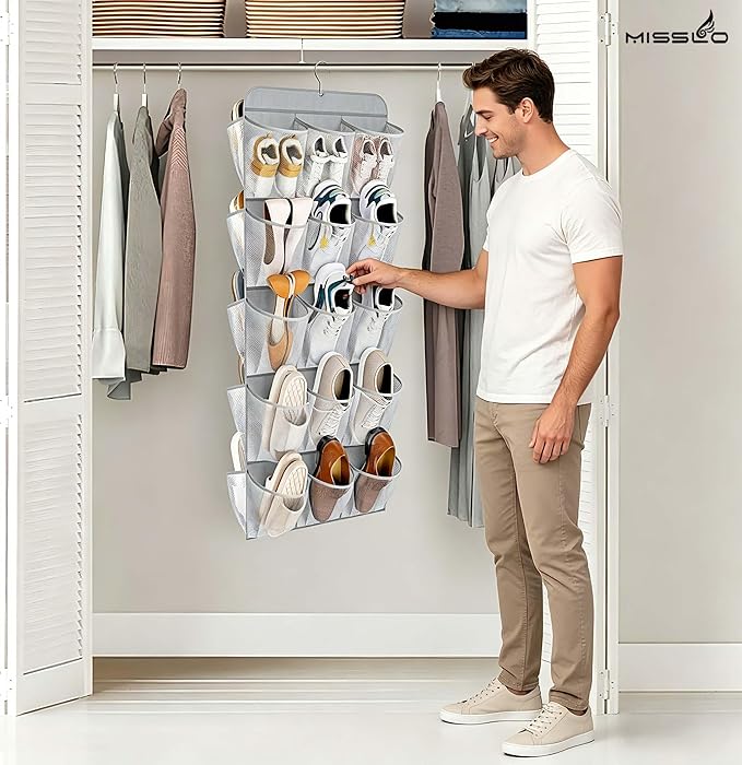 MISSLO 30 Large Pockets Dual Sided Hanging Shoe Organizer for Closet with Rotating Hanger Hanging Shoe Shelves, Grey