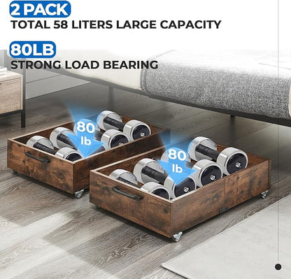 TIOPGHAD Under Bed Storage with Wheels, 2-Pack Under Bed Shoe Storage Organizer Drawer, Composite Wood Particleboard Organizer for Shoes Clothes Containers in Bedroom for Clothes,Shoes(Brown)
