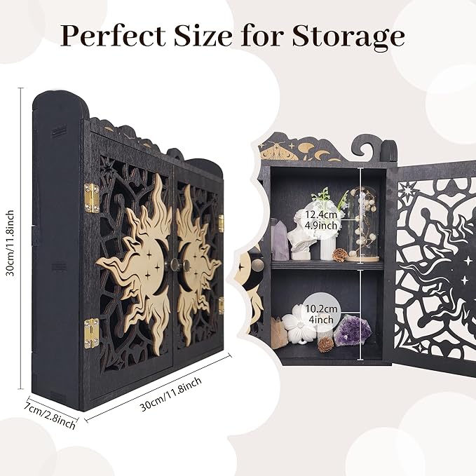 Large Crystal Display Shelf Case for Stones, Carved Sun Crescent Moon Shelf, Trinket Shelf Nail Polish Rack Crystal Holder Essential Oil Storage Rock Cabinet Gem Stone Organizer