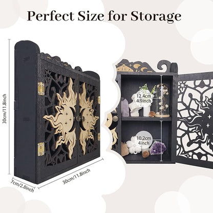 Large Crystal Display Shelf Case for Stones, Carved Sun Crescent Moon Shelf, Trinket Shelf Nail Polish Rack Crystal Holder Essential Oil Storage Rock Cabinet Gem Stone Organizer