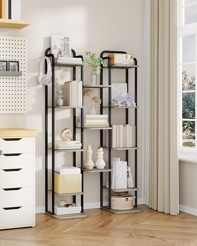 Hzuaneri 8 Tiers Vertical Shoe Rack, Narrow Shoe Tower, Tall Shoes Shelf with 2 Hooks, Adjustable Shelves, Corner Shoes Shelves for Small Spaces, Entryway, Living Room, Greige SR04305B