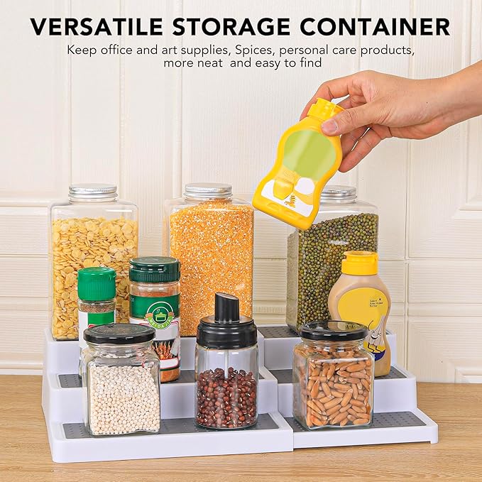 CiWiVOKi 3-Tier Expandable Spice Rack, Plastic Spice Rack Organizer for Cabinet, Adjustable Length, Non-Skid Spice Shelf Organizer for Kitchen Cabinet, Countertop or Pantry, 2 Pack, White/Grey