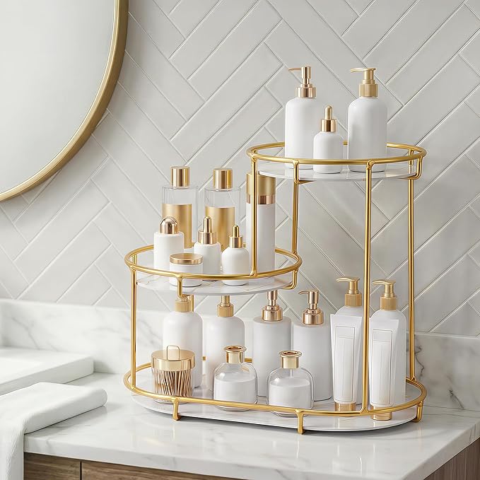 HBlife Makeup Organizer for Vanity, 3 Tier Metal Bathroom Countertop Organizers Skin Care Storage, Bathroom Counter Shelf Skincare Holder Perfume Cosmetic Display, Gold
