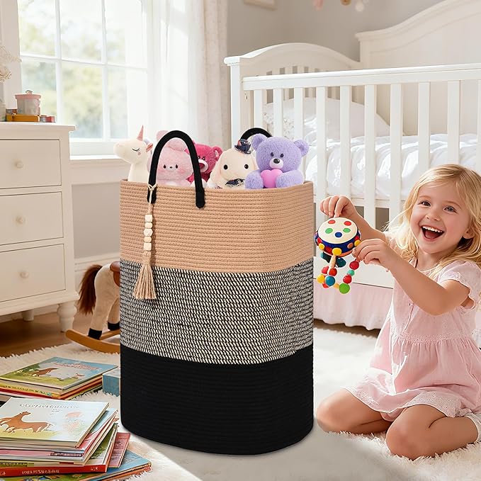 Woven Laundry Basket for Clothes, 65L Large Rectangle Laundry Hampers with Beads Tassel, Nursery Storage Basket for Toys, Tall Dirty Clothes Hamper for Bedroom Aesthetic, Laundry Room Organization