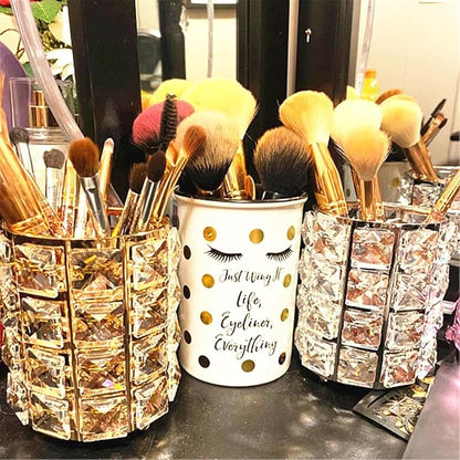 LUGUNU Makeup Brush Holder Organizer Crystal Vanity Decor Bling Personalized Comb Brushes Pen Storage Box Container (Gold 1 Pack)