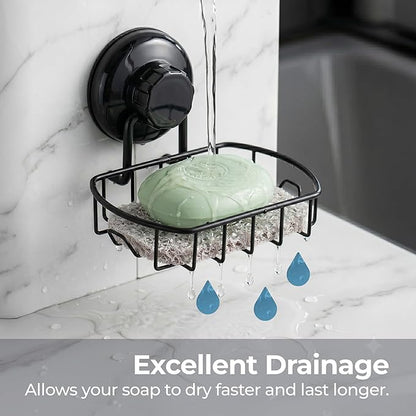 HASKO 2 Pack Suction Cup Soap Dish for Shower Wall, Rustproof Stainless Steel, Shower Soap Holder with Hooks, Includes Optional No Drill Adhesive Mount for Bathroom, 2 Soap Savers, Black