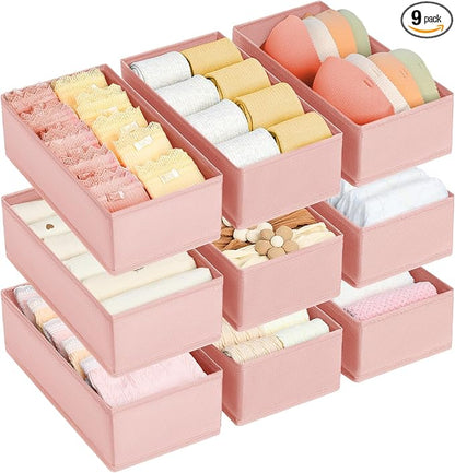 DIMJ Drawer Organizer for Clothes - Underwear, Sock, Closet, and Dresser Storage Box - Dividers for Baby Clothes, Bra, Socks, Belt, Tie - Set of 9, Pink