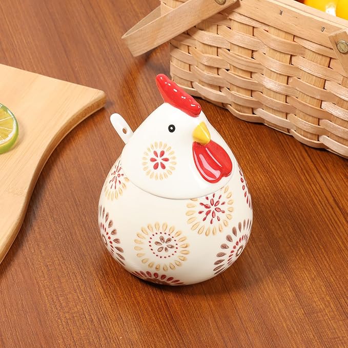 Ceramic Salt Cellar with Lid and Spoon,17oz Large Chicken Rooster Cookie Jar Salt Containers Holder for Countertop Spices,Cute Farmhouse Kitchen Decor,Spice Jar for Coffee,Sugar,Spices,Candies (#C)