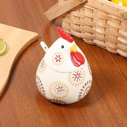 Ceramic Salt Cellar with Lid and Spoon,17oz Large Chicken Rooster Cookie Jar Salt Containers Holder for Countertop Spices,Cute Farmhouse Kitchen Decor,Spice Jar for Coffee,Sugar,Spices,Candies (#C)