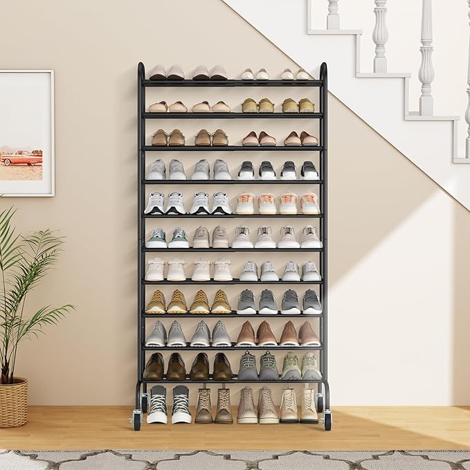 STORAGE MANIAC 10-Tier Expandable Shoe Rack, 44 Pairs Tall Vertical Shoe Rack, Heavy-Duty Metal Adjustable Shoes Organizer for Closet, Entryway, Hallway, Garage, Front Door, Shoes Shelves, Black