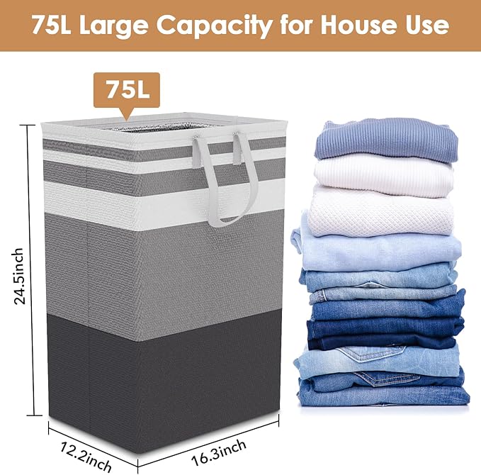 75L Large Laundry Hamper with Handles, Dirty Clothes Hamper for Bedroom Waterproof, Freestanding Tall Laundry Basket Waterproof, Hamper for Bedroom, Bathroom, Dorm, Toys Storage(Stripes, 1 × 75L)