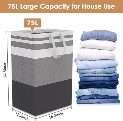 75L Large Laundry Hamper with Handles, Dirty Clothes Hamper for Bedroom Waterproof, Freestanding Tall Laundry Basket Waterproof, Hamper for Bedroom, Bathroom, Dorm, Toys Storage(Stripes, 1 × 75L)