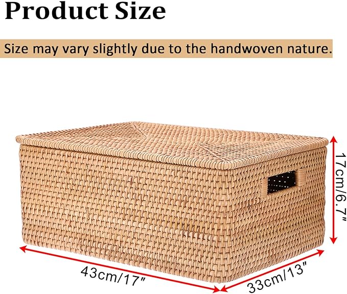 Hipiwe Handwoven Rattan Basket with Lid Decorative Shelf Basket Bin with Handle Rectangular Wicker Storage Box for Home Organizing, 17" x 13" x 6.7"