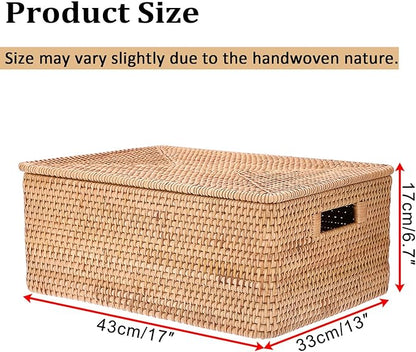 Hipiwe Handwoven Rattan Basket with Lid Decorative Shelf Basket Bin with Handle Rectangular Wicker Storage Box for Home Organizing, 17" x 13" x 6.7"
