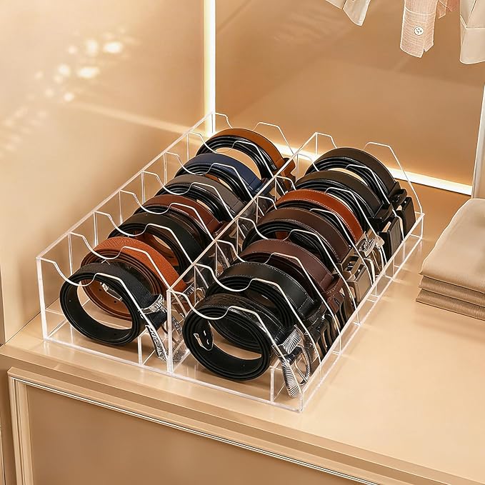 XZQTIVE Belt Organizer, Acrylic Belt Storage Holder for Closet with 7 Compartments, Clear Display Case for Ties,Socks