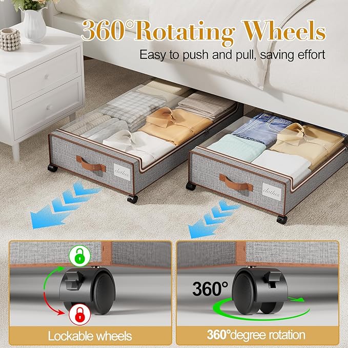 Yecaye Under Bed Storage with Wheels, 2 Pack Under the Bed Storage Containers with Lids & Label, XXL 60 L Rolling Underbed Storage Drawers for Clothes, Blankets, Shoes