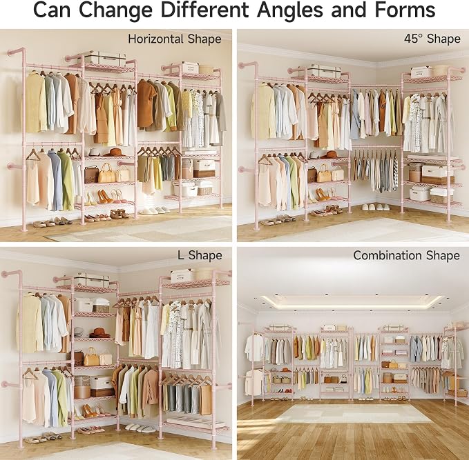 ONBRILL H4 Wall Mounted Closet System, Expandable Industrial Pipe Clothes Rack Clothing Rack for Hanging Clothes, Heavy Duty Closet Organizers and Storage in Wardrobe Closet