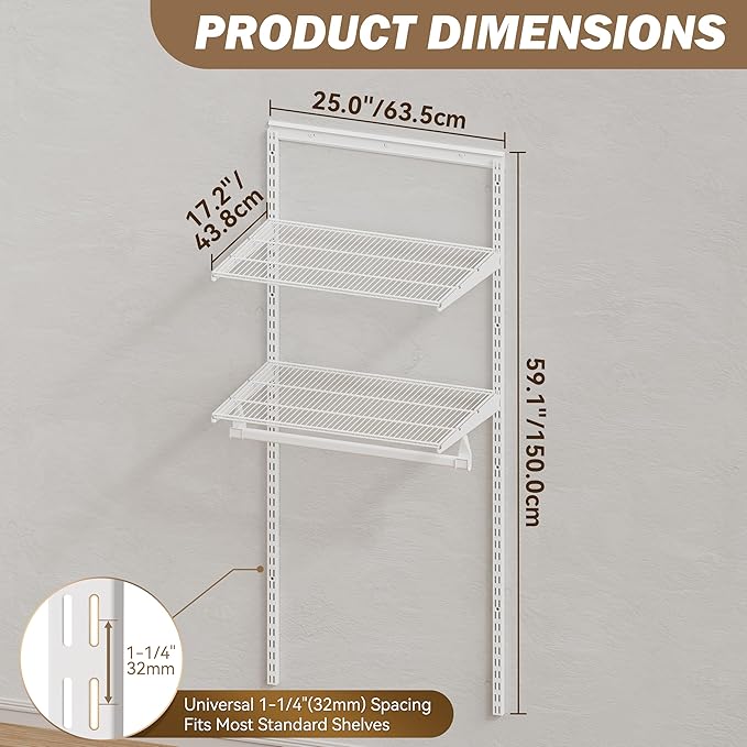 Closet System Wall Mounted 2 Ft, Heavy Duty Adjustable Wire Shelving with Hanging Rod, Custom Organizer Kit for Bedroom Laundry Mudroom, White