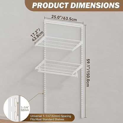 Closet System Wall Mounted 2 Ft, Heavy Duty Adjustable Wire Shelving with Hanging Rod, Custom Organizer Kit for Bedroom Laundry Mudroom, White