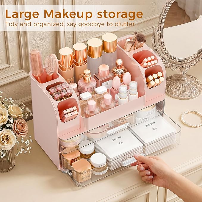 Makeup Organizer for Vanity with Brush Holder, Large Bathroom Countertop Organizer & Skincare Storage | Perfume, Cosmetics Display Case with Drawers (Pink)