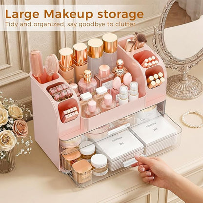 Makeup Organizer for Vanity with Brush Holder, Large Bathroom Countertop Organizer & Skincare Storage | Perfume, Cosmetics Display Case with Drawers (Pink)