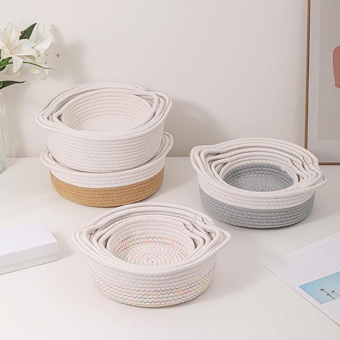 YMhoart Small Storage Woven Baskets Shelves Natural Cotton Rope Bins with Handle Toilet Tank Paper for Countertop Cute Gifts Organizing Mini Nursery 5 Set box (White&colored lines)