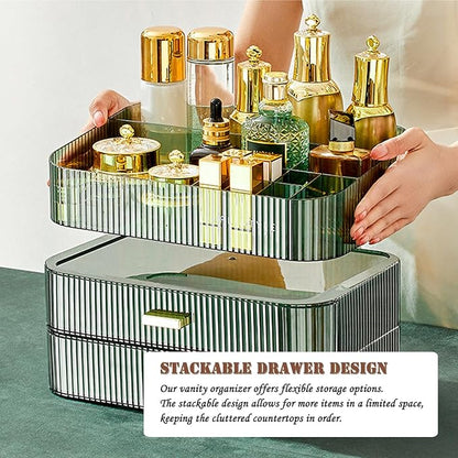 Makeup Organizer with Drawers, Stackable Cosmetics Organizer, Large Make Up Organizer Storage Box, Ideal for Bathroom Countertop and Desk (1 x Drawer, Green)