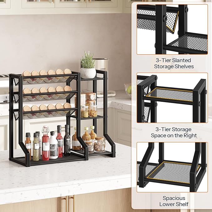 HOOBRO 4-Tier Spice Rack, Seasoning Organizer, Stackable Spice Rack Organizer, Spice Jar Storage Organizer, for Kitchen, Cupboard, Countertop, Black BK48TL01