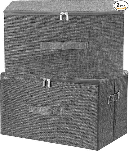 ANMINY 2PCS Storage Bins with Zipper Lids 36 Qt Lidded Fabric Storage Boxes Baskets Cubes with Handles Collapsible Washable Cotton Linen Closet Shelf Clothes Organizer Containers - Gray, Large