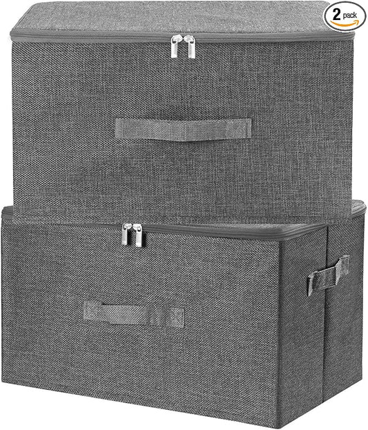 ANMINY 2PCS Storage Bins with Zipper Lids 36 Qt Lidded Fabric Storage Boxes Baskets Cubes with Handles Collapsible Washable Cotton Linen Closet Shelf Clothes Organizer Containers - Gray, Large