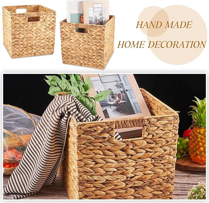 Jinei 12 Pcs Wicker Storage Basket Bulk 10 x 10 x 10 Inch Handwoven Water Hyacinth Cube Bin with Handles Woven Laundry for Organizer Shelves Wood Color