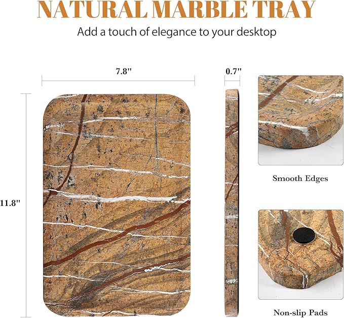 Koville Marble Tray, 12"x8" Natural Marble Vanity Tray for Countertop Bathroom Kitchen Dresser, Decorative Catchall Trays for Perfume Jewelry, Rectangular Stone Serving Tray(Rainforest Gold)