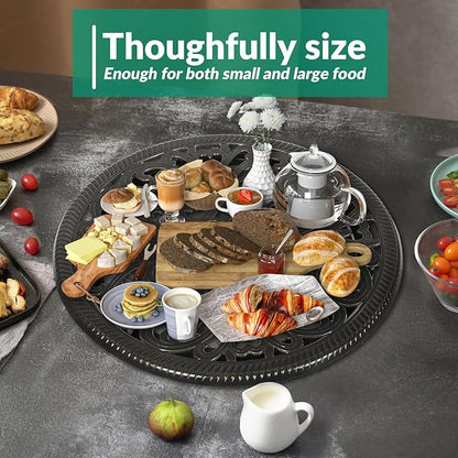 VIVIJASON 24" Cast Aluminum Lazy Susan Turntable, 360° Rotating Display Tray with Silent Bearings, Round Table Top Swivel Serving Plate with Umbrella Hole for Outdoor Dining Table, Floral Style