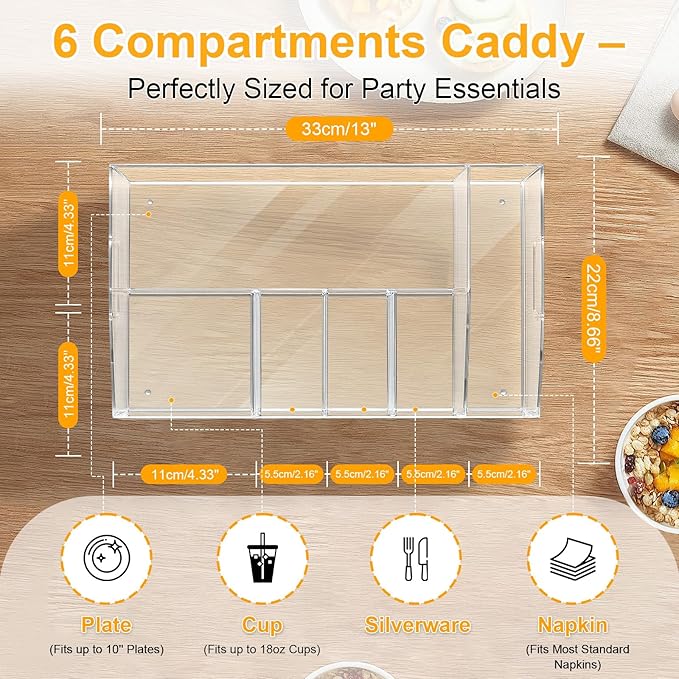 Acrylic Paper Plate Organizer and Dispenser – Extra Capacity Plate and Utensil Caddy for Plates, Cups, Napkins and Cutlery, Ideal for Kitchen, Parties, Picnics, Weddings, and Outdoor Events