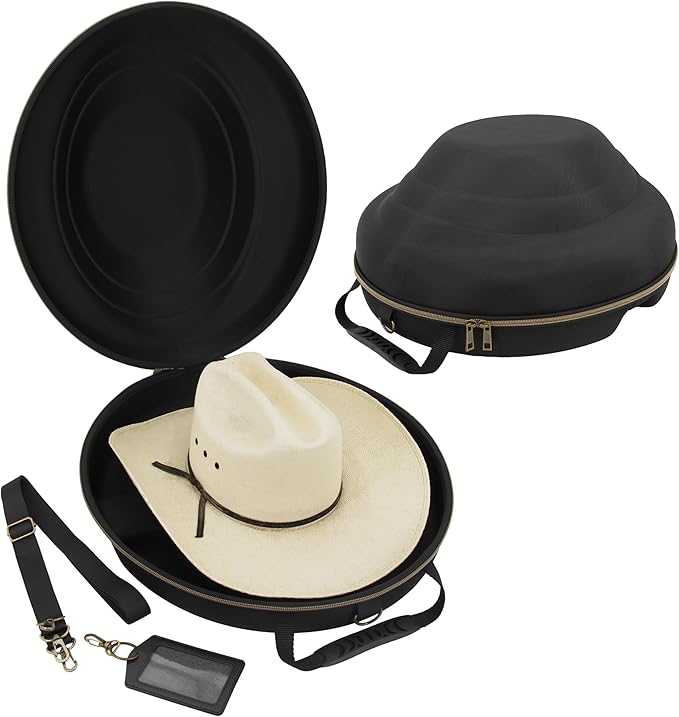 CASEMATIX Cowboy Hat Box and Portable Storage for Brims Up To 4.75'' - Hard Shell Case with Adjustable Carry Strap, Luggage ID Slot Foam Insert Dipping Brim Hats, Black, 18'' x 16'' x 8.3''