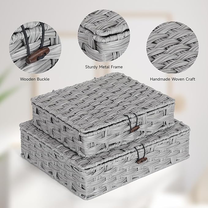Plastic Wicker Storage Baskets with Lids, 2-Pack Woven Rattan Organizer Bins with Locking Button, Decorative Flat Storage Boxes, 11"x9.25"x2.75" & 13"x11.2"x3.5", Gray
