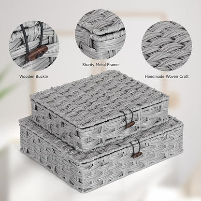Plastic Wicker Storage Baskets with Lids, 2-Pack Woven Rattan Organizer Bins with Locking Button, Decorative Flat Storage Boxes, 11"x9.25"x2.75" & 13"x11.2"x3.5", Gray